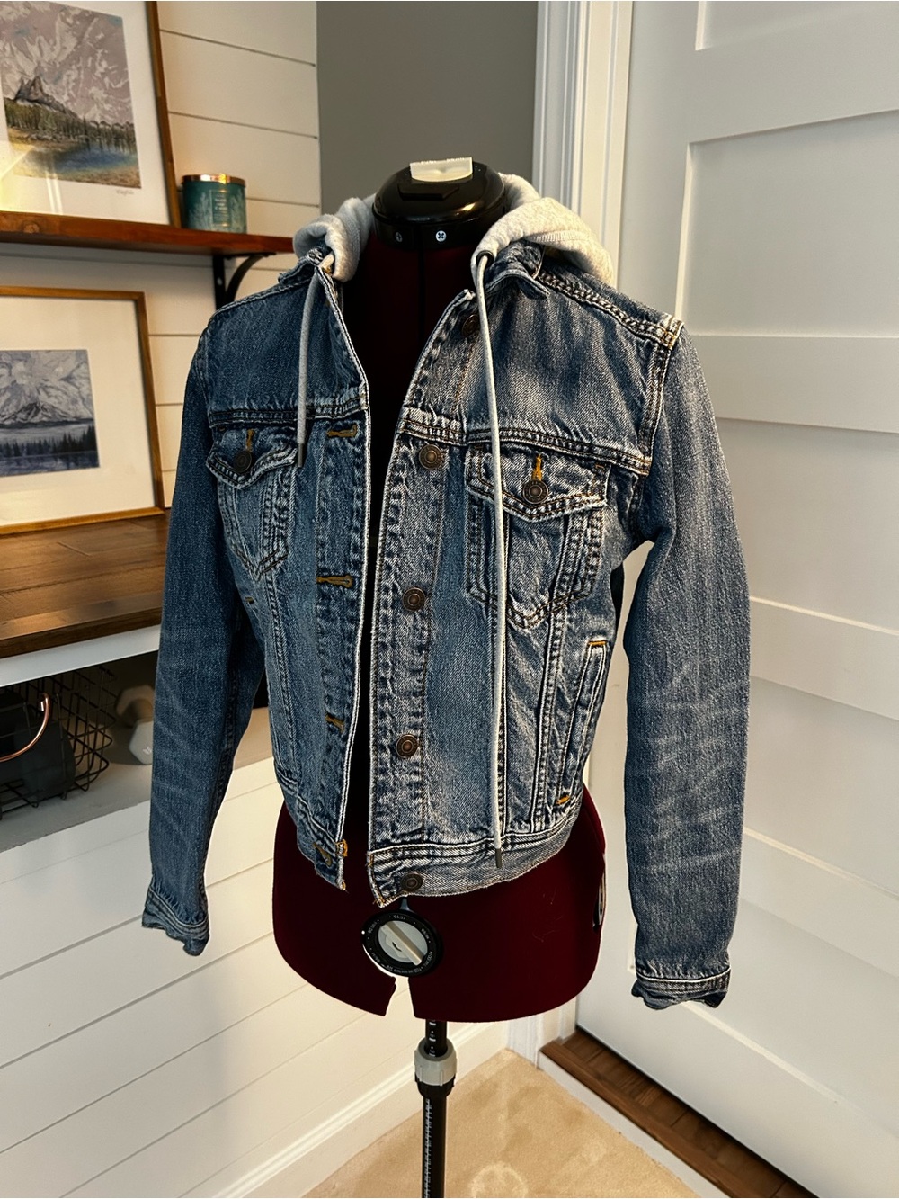 American Eagle Outfitters Twofer Blue Denim Jacket with Gray Hood